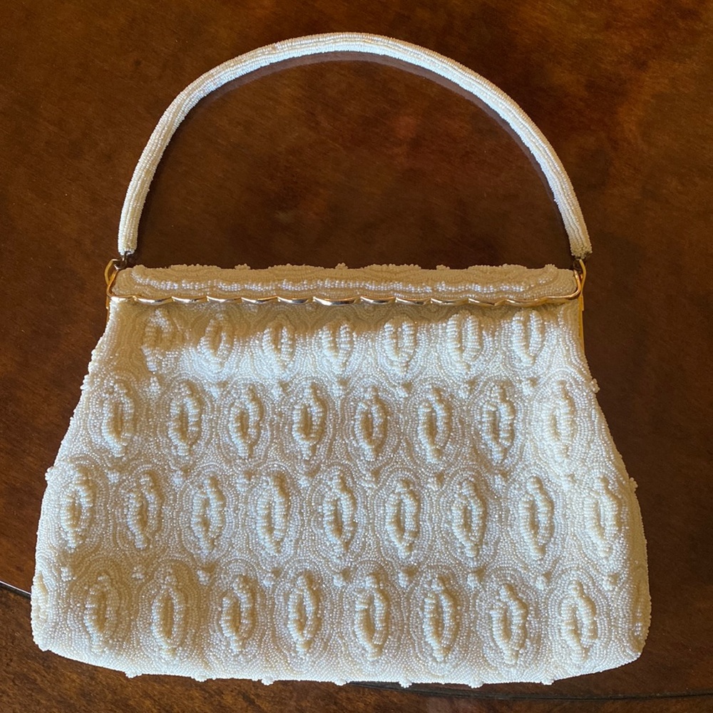 Denise Francelle Paris ivory hand-beaded clutch bag or use with beaded handle.